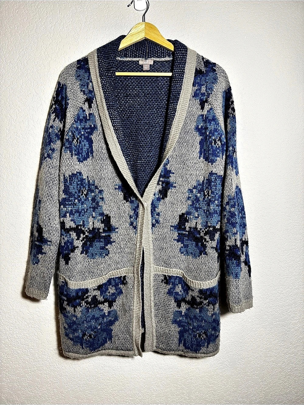 J. Jill Wool Blend Floral Long Open Front Cardigan